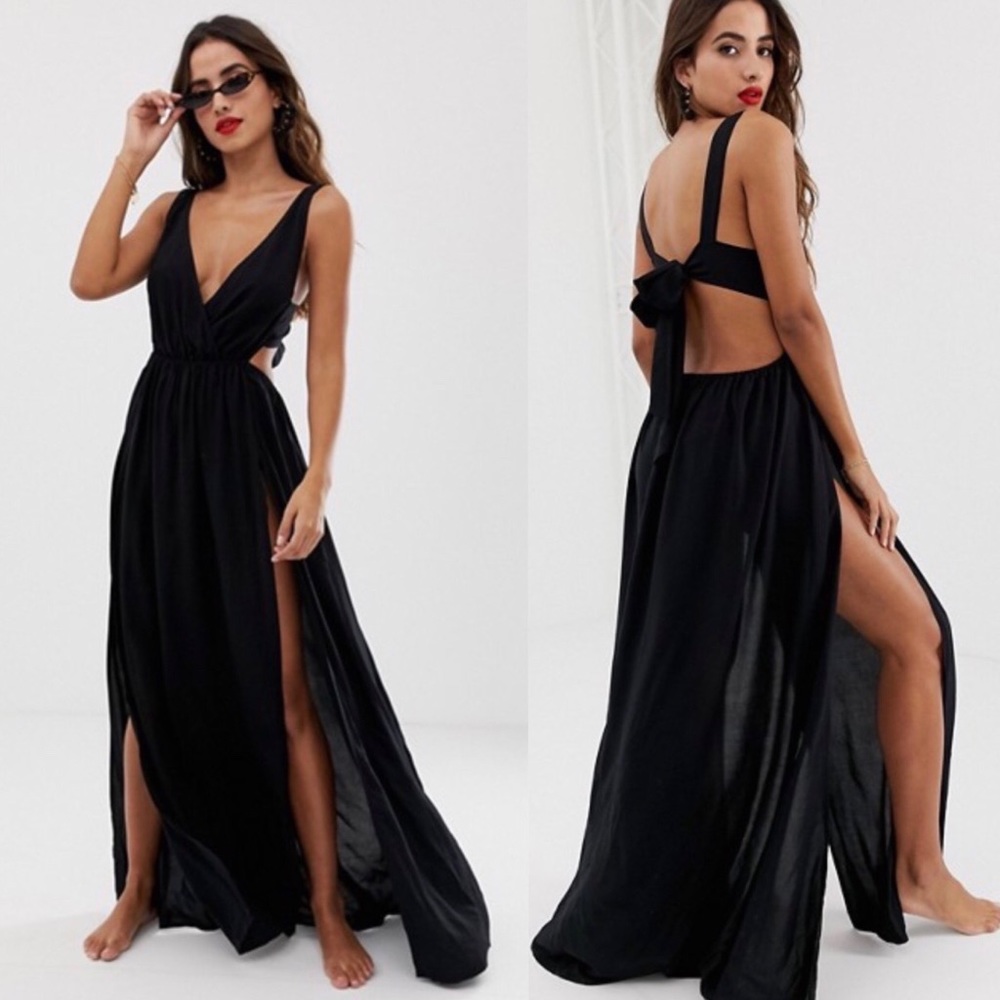 ASOS Black Tie Back Cross Maxi Beach Cover Dress 8